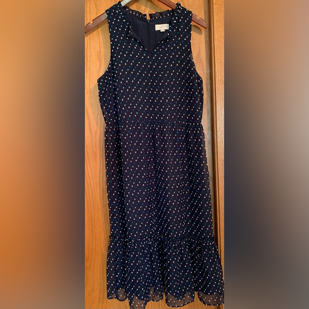 LOFT Navy Blue and White Ruffled Tiered Midi Sundress